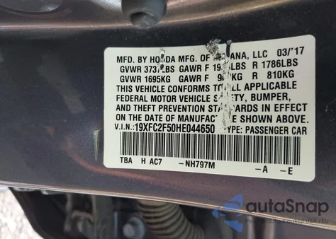 2017 Honda Civic Lx z USA, uszkodzony, nr VIN 19XFC2F50HE044650